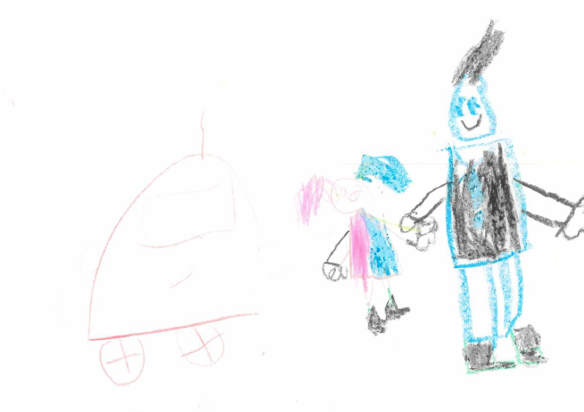 Drawing of child, adult and car by 4 year old
