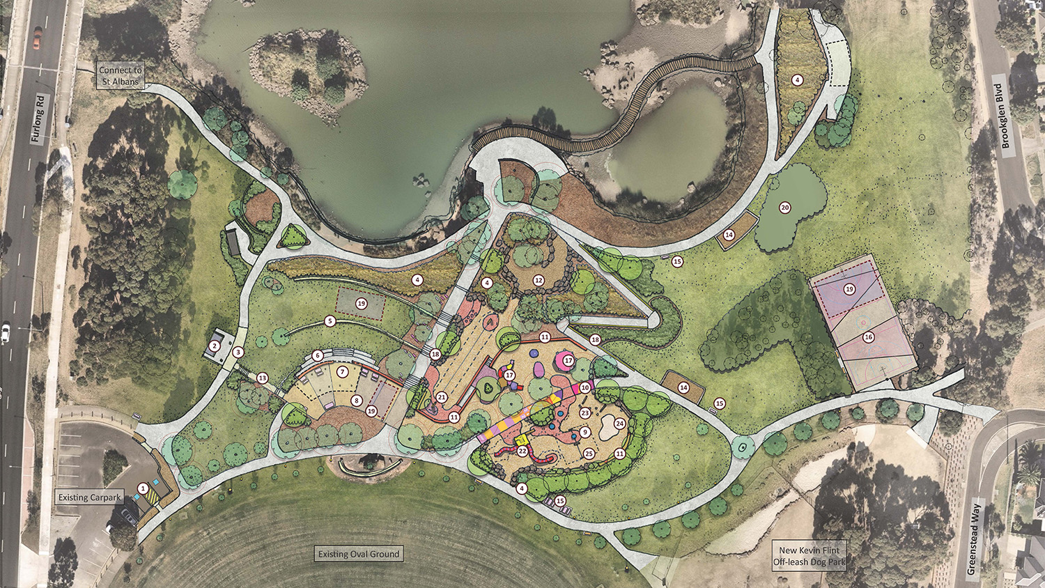 Final concept design plan for Kevin Flint Reserve. It features an aerial view of the site with illustration overlay indicating park and play elements