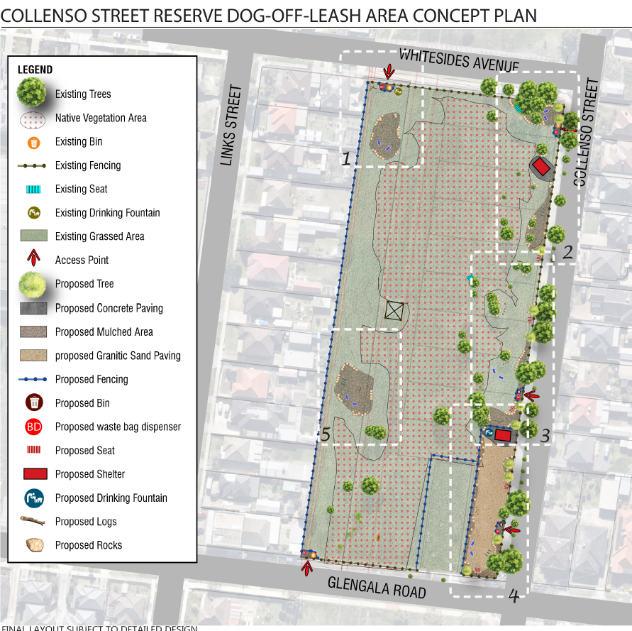 Draft concept site plan for Collenso St Dog Off Leash Reserve