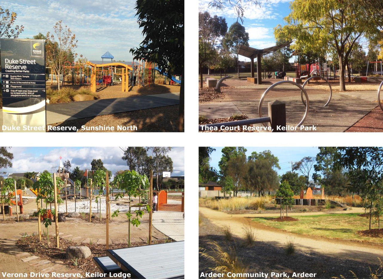 Photos providing visual indicators of what a suburban park includes - Duke Street Reserve, Sunshine North - Thea Court Reserve, Keilor Park - Verona Drive Reserve, Keilor Lodge and Ardeer Community Park, Ardeer