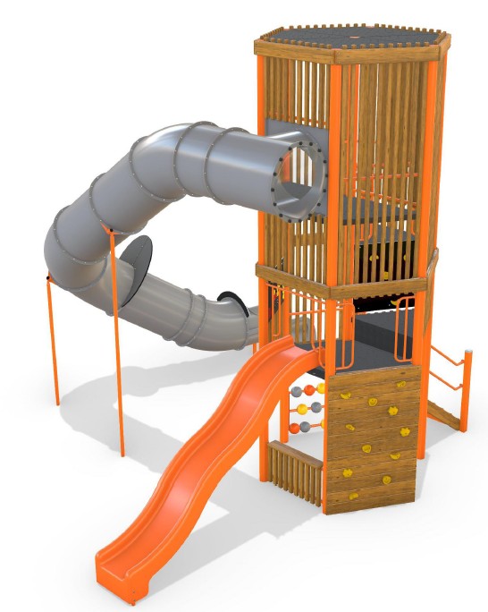 A computer rendered image of a play ground tower with a slide