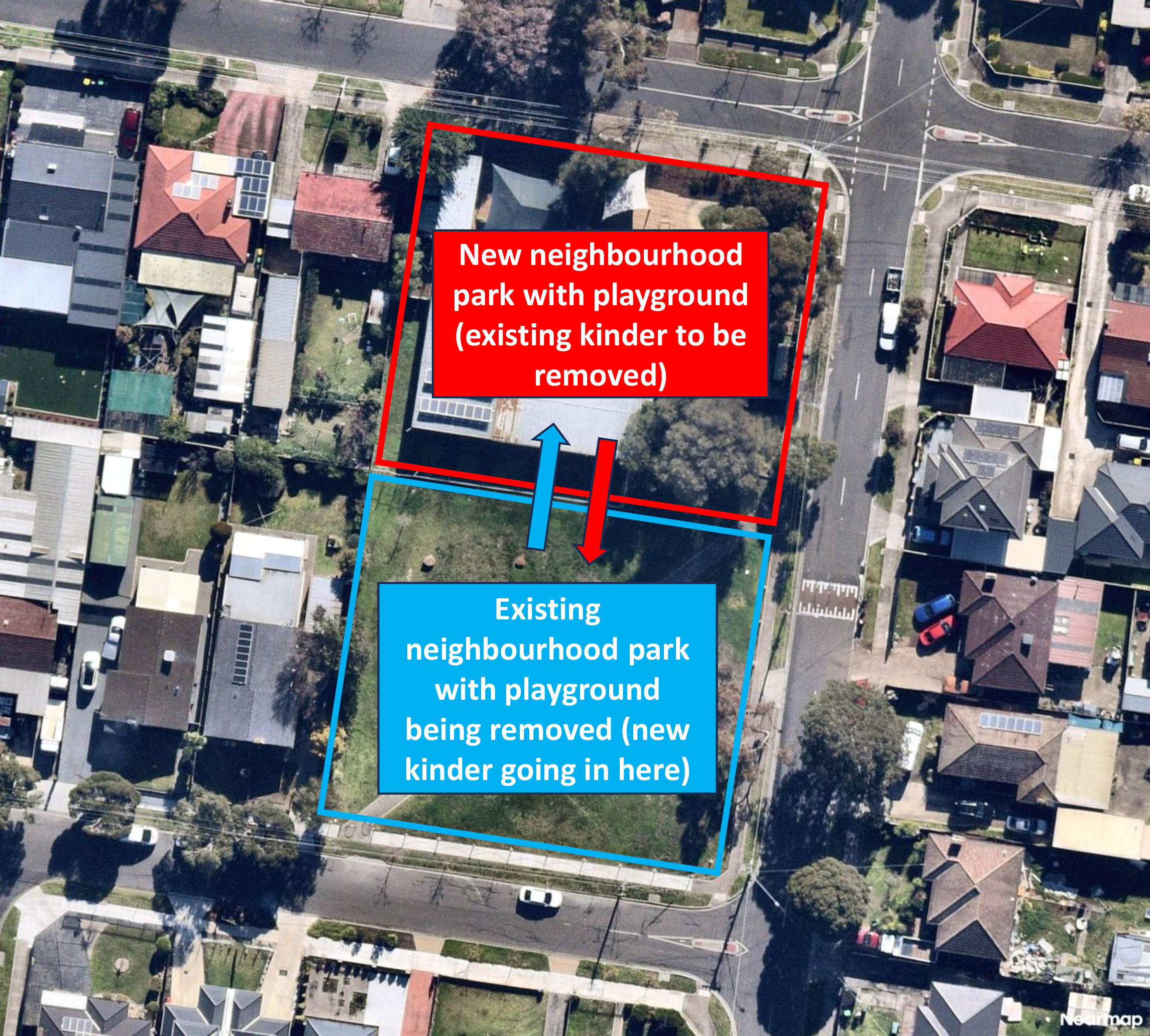 An aerial map showing the playground moving from one side of the reserve, to be relocated on the current kindergarten site