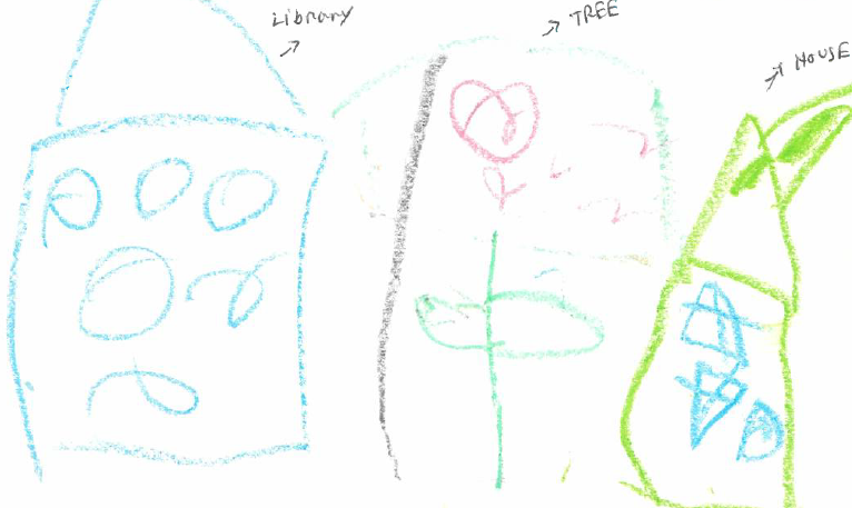 Drawing of library, tree and house by 4 year old