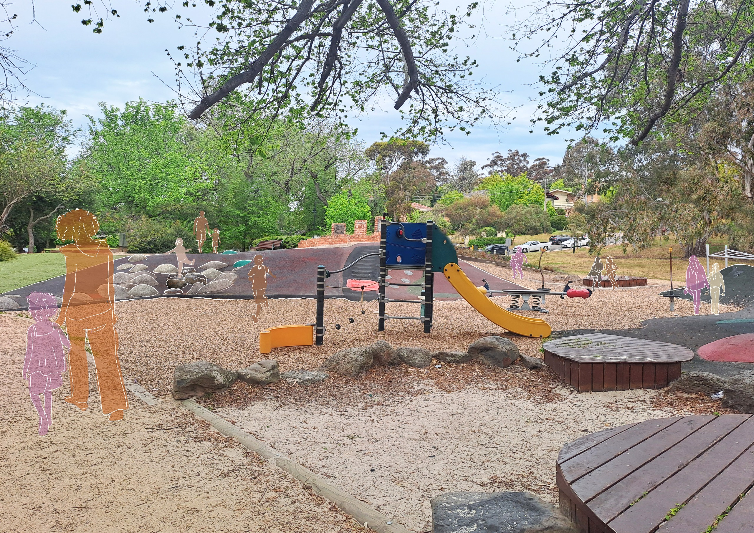 After: An image of the playground with the wooden equipment removed, creating open mulched areas for play