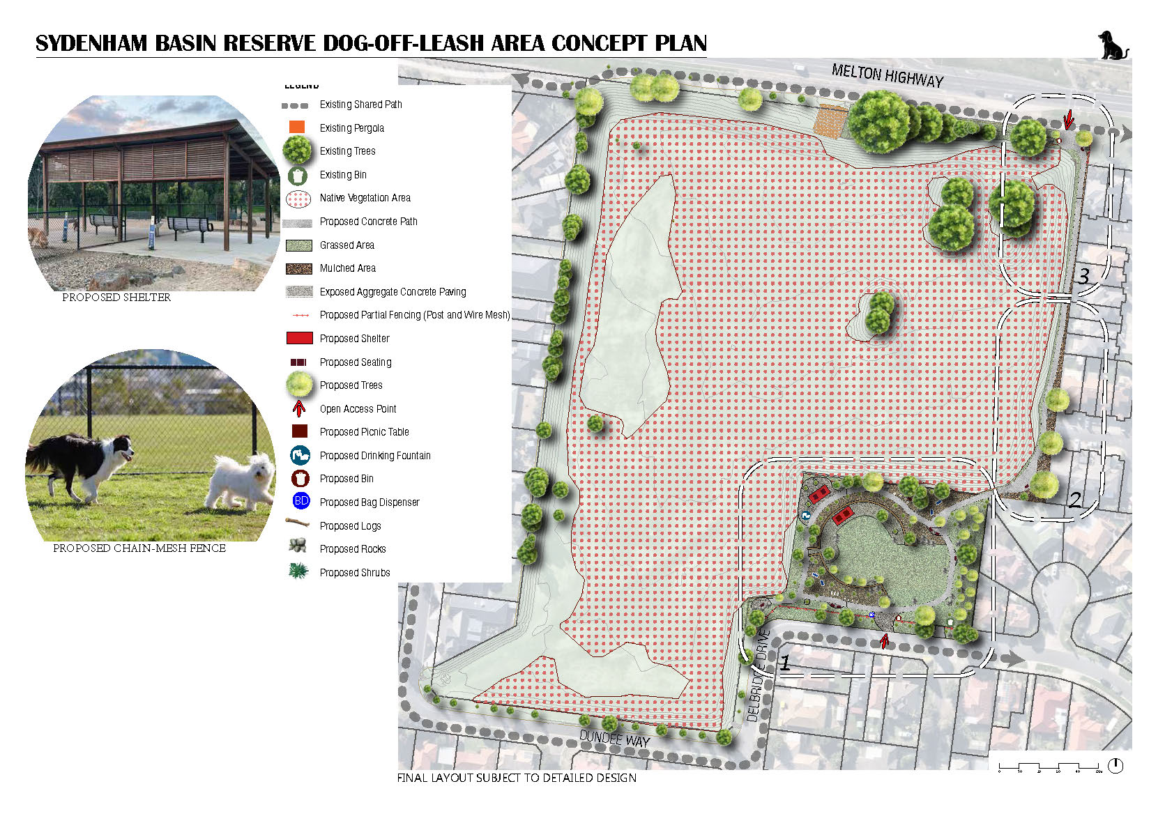 A map of Sydenham Basin Reserve, showing the dog park in the south-eastern corner